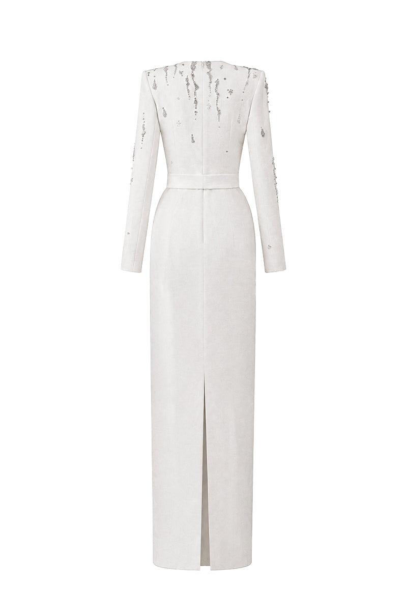 V Neck Column Gown With Flowing-Water Effect Embellishment In White Crepe