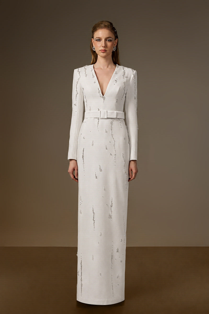 V Neck Column Gown With Flowing-Water Effect Embellishment In White Crepe