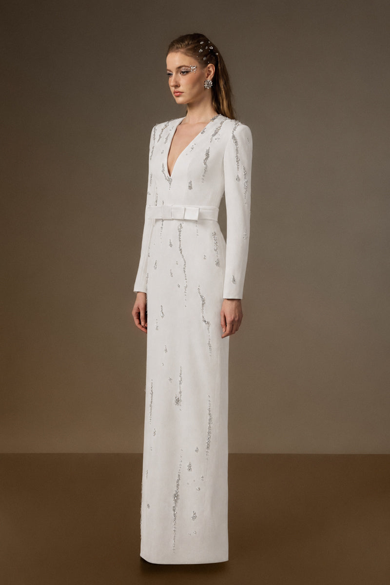 V Neck Column Gown With Flowing-Water Effect Embellishment In White Crepe