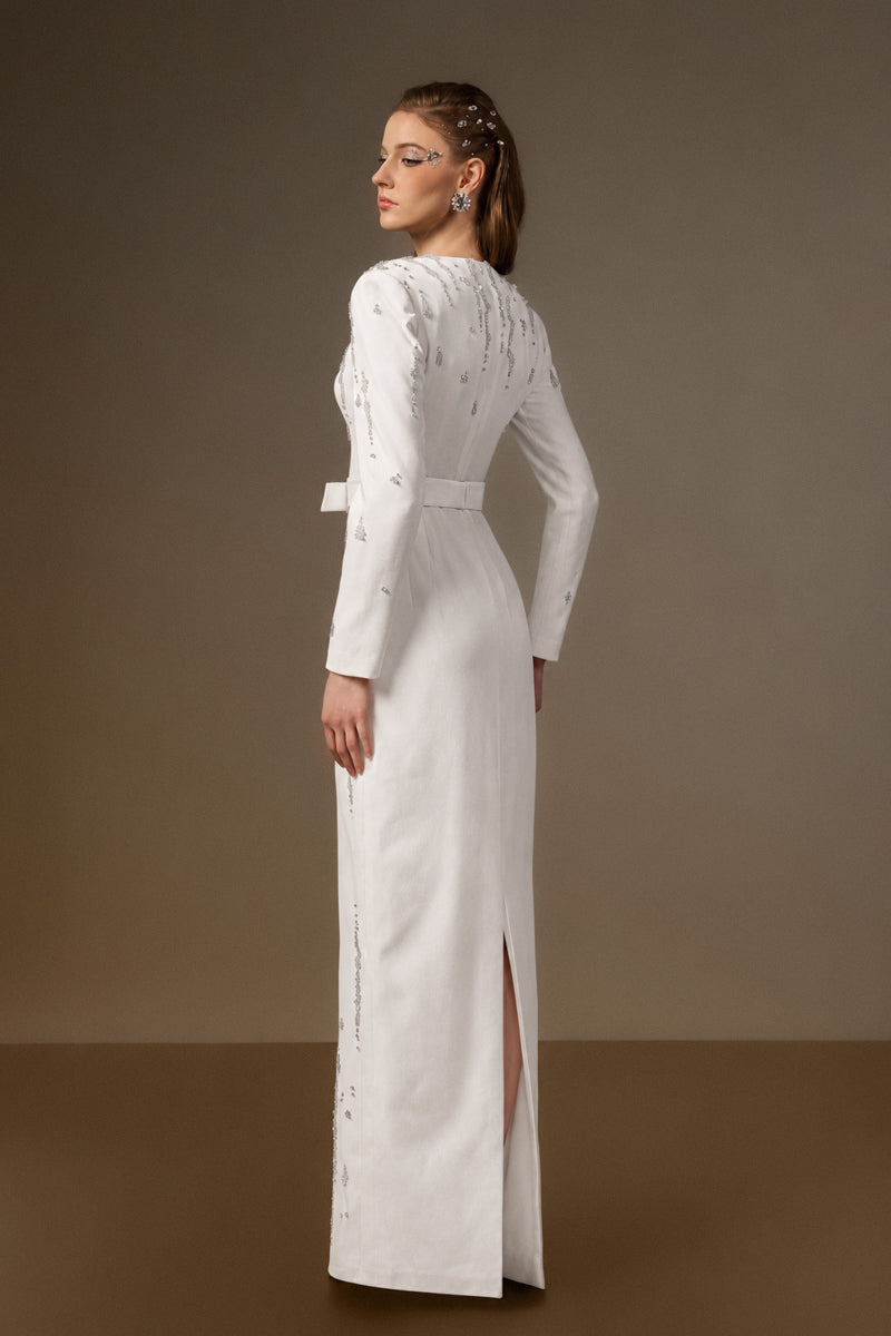 V Neck Column Gown With Flowing-Water Effect Embellishment In White Crepe