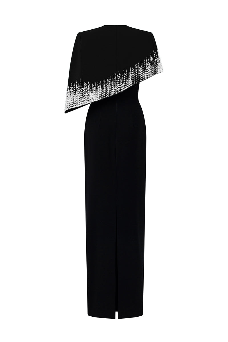 Bustier Column Gown With Mini Cape In Black Taffeta & Black Crepe