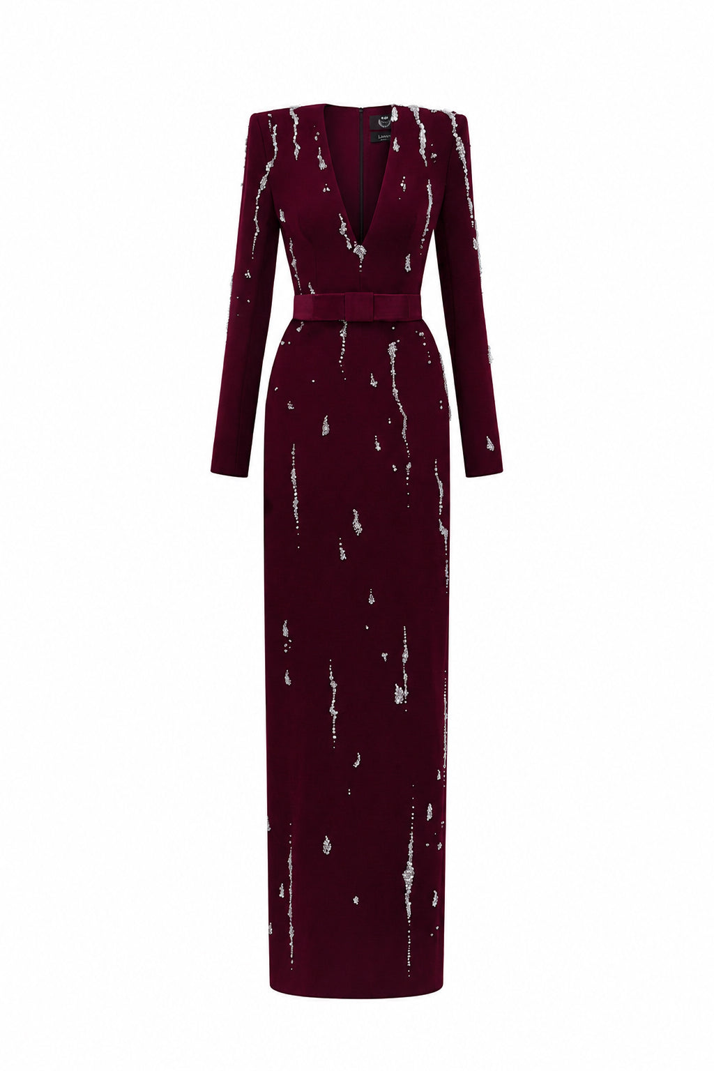 V Neck Column Gown With Flowing-Water Effect Embellishment In Dark Red Crepe