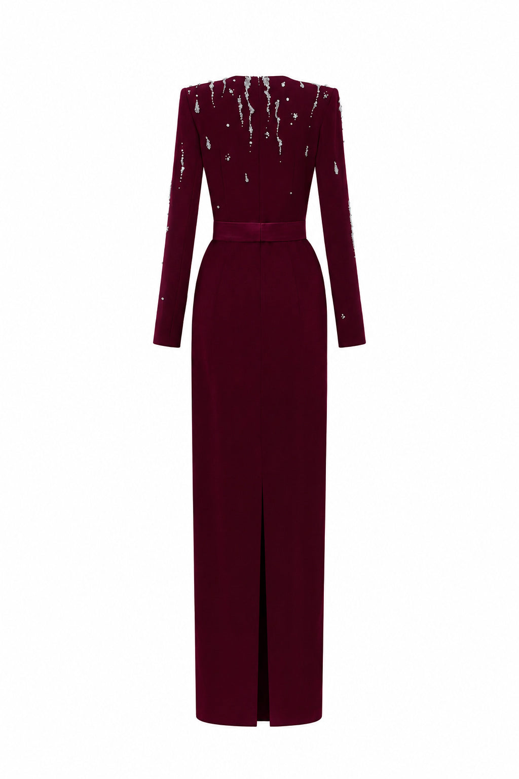 V Neck Column Gown With Flowing-Water Effect Embellishment In Dark Red Crepe