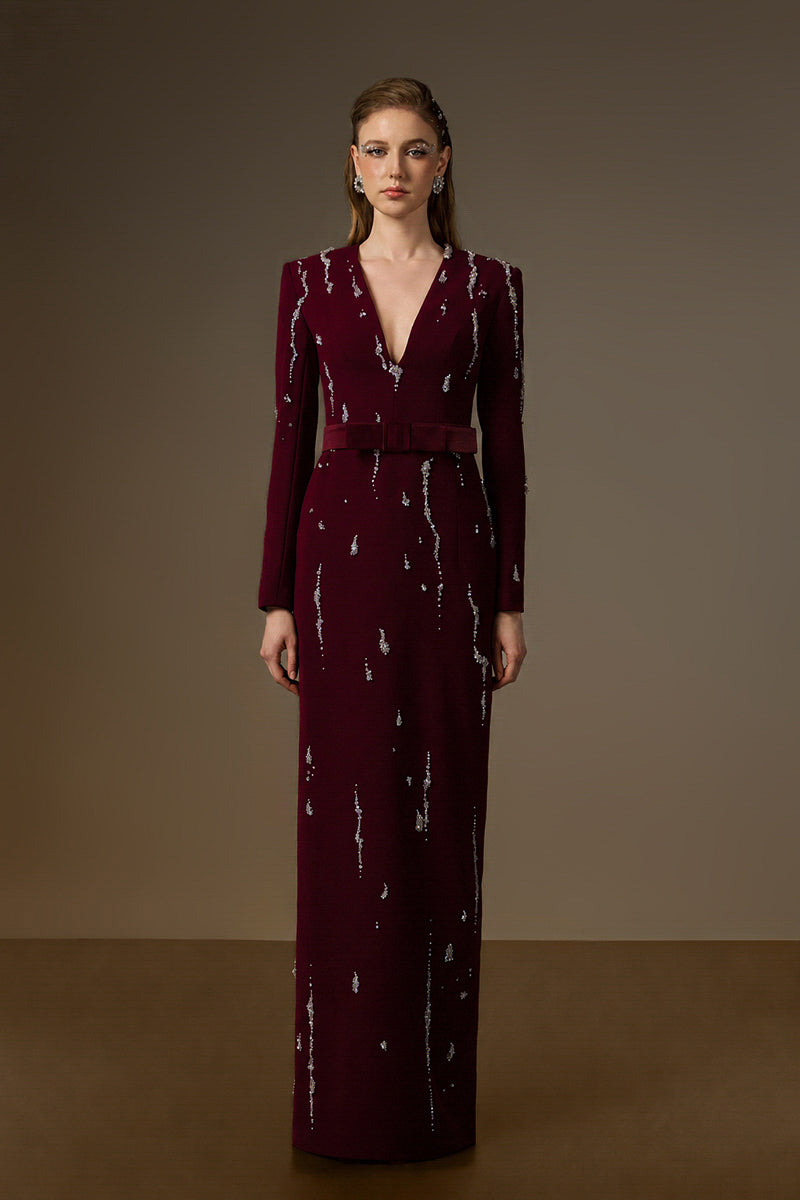 V Neck Column Gown With Flowing-Water Effect Embellishment In Dark Red Crepe
