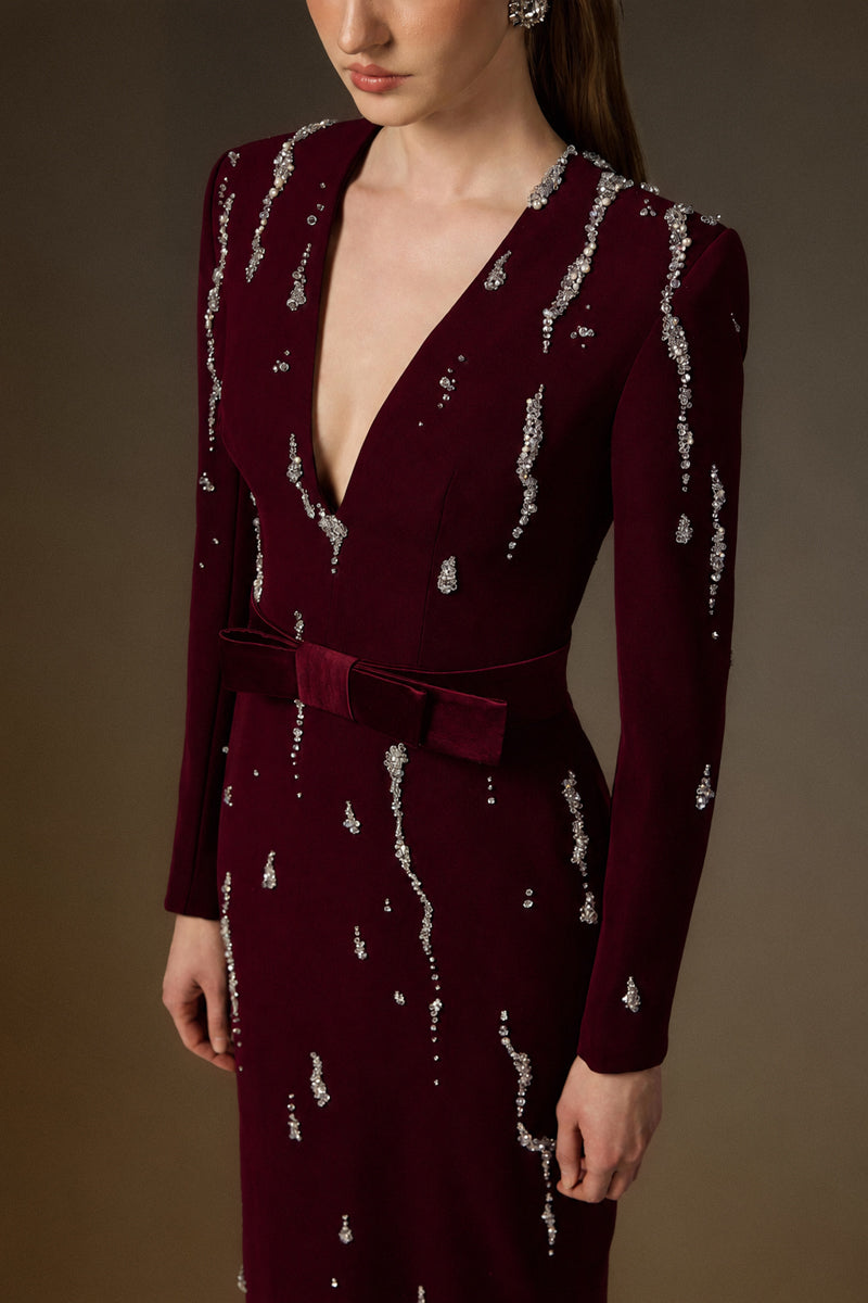 V Neck Column Gown With Flowing-Water Effect Embellishment In Dark Red Crepe