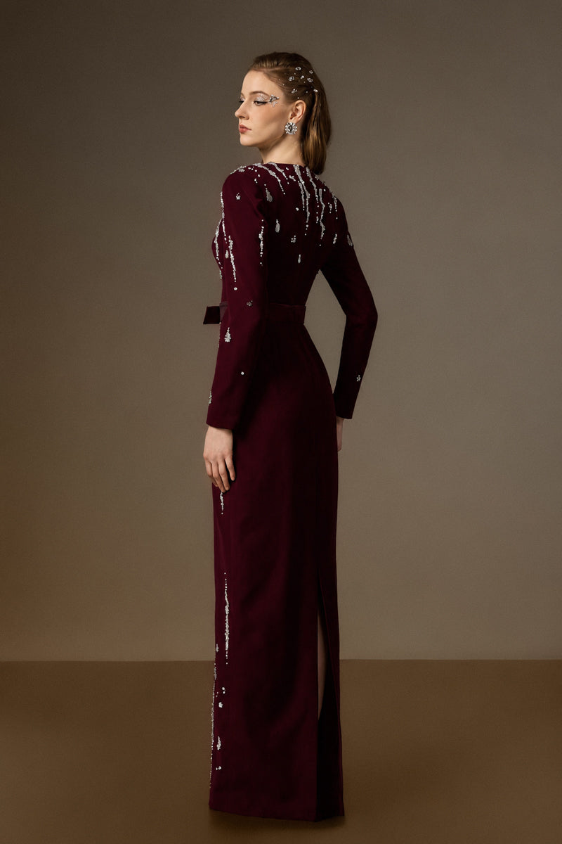 V Neck Column Gown With Flowing-Water Effect Embellishment In Dark Red Crepe