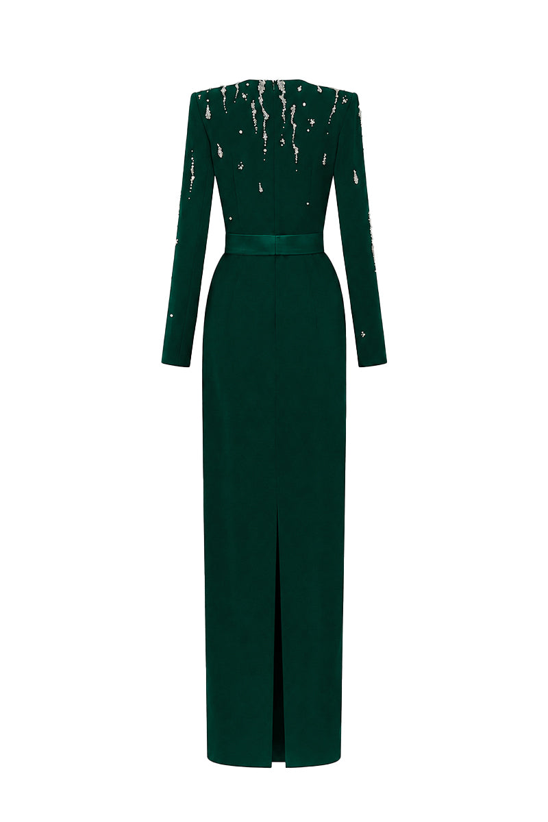 V Neck Column Gown With Flowing-Water Effect Embellishment In Dark Green Crepe