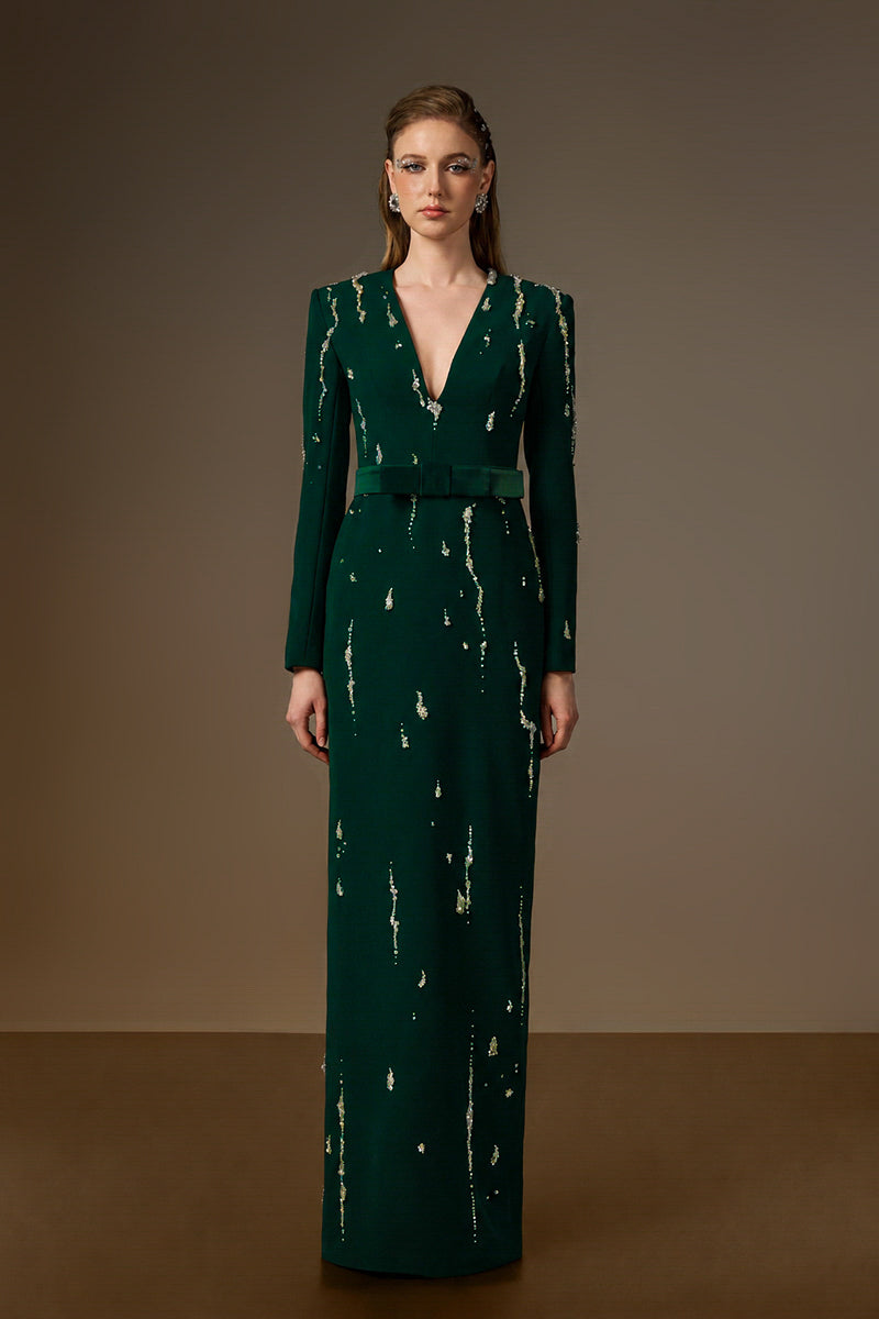 V Neck Column Gown With Flowing-Water Effect Embellishment In Dark Green Crepe