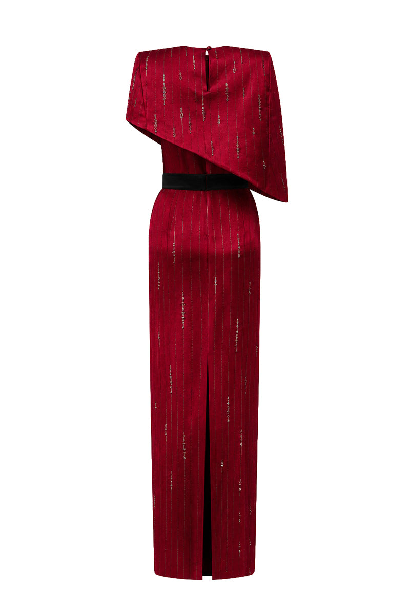 Round Neck Column Gown With Asymmetric Cape In Dark Red Metallic Striped Silk