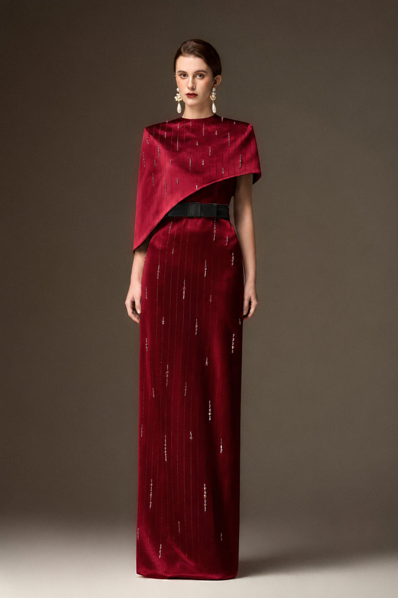 Round Neck Column Gown With Asymmetric Cape In Dark Red Metallic Striped Silk