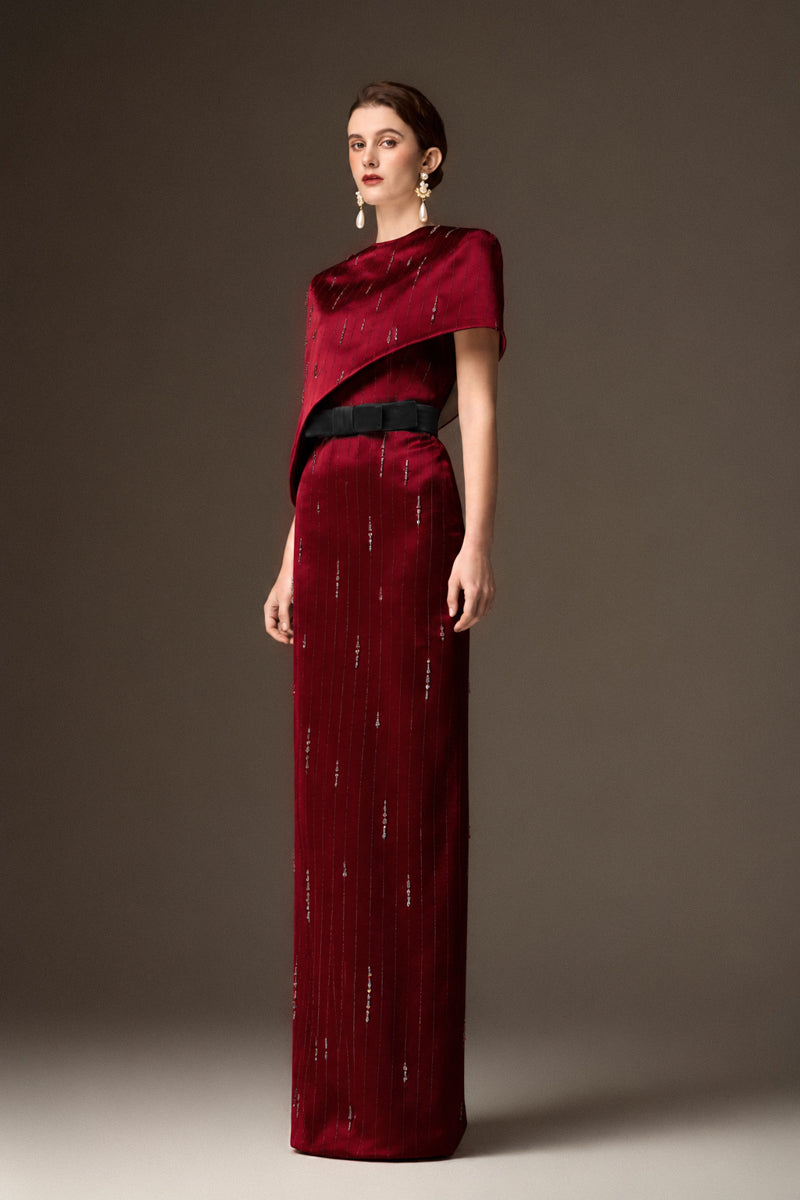 Round Neck Column Gown With Asymmetric Cape In Dark Red Metallic Striped Silk