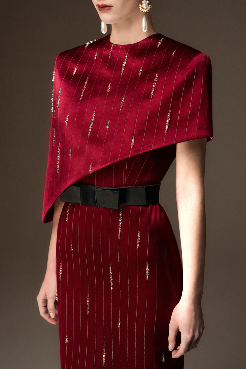 Round Neck Column Gown With Asymmetric Cape In Dark Red Metallic Striped Silk
