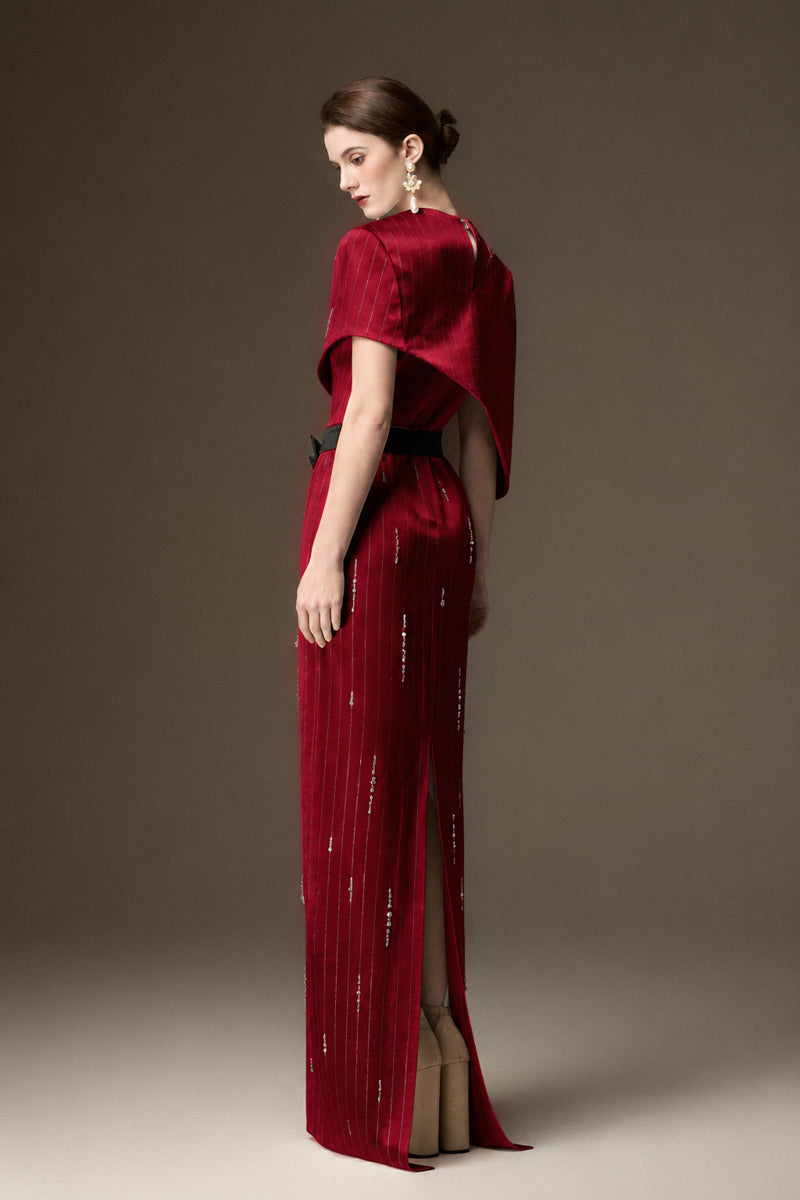 Round Neck Column Gown With Asymmetric Cape In Dark Red Metallic Striped Silk