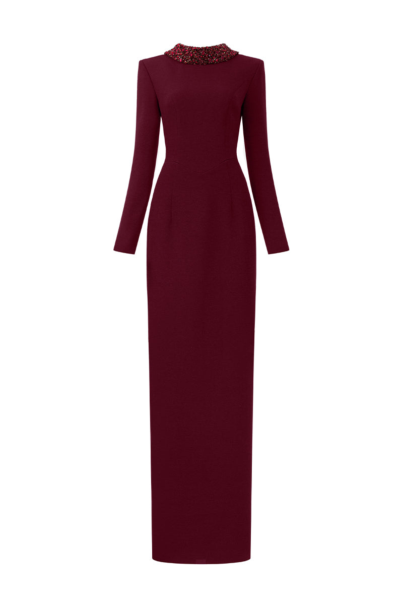 Long Sleeves Column Gown With De-constructed Collar