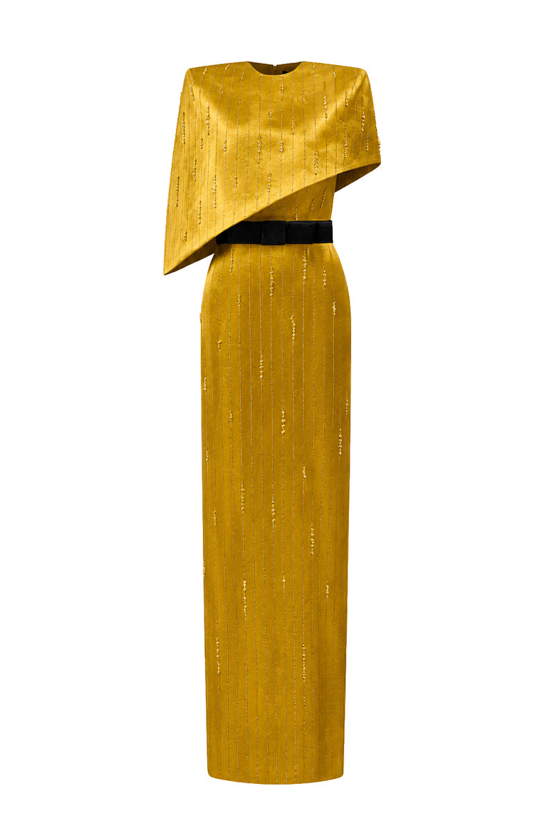 Round Neck Column Gown With Asymmetric Cape In Gold Metallic Striped Silk