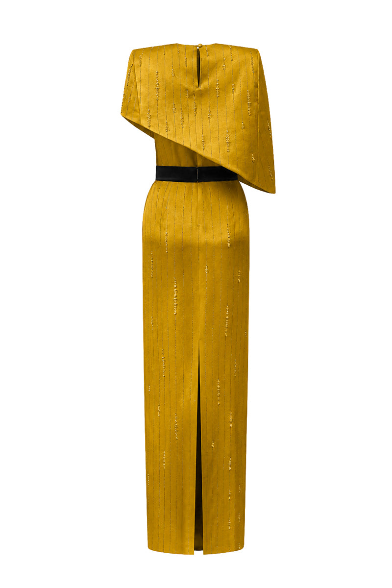 Round Neck Column Gown With Asymmetric Cape In Gold Metallic Striped Silk