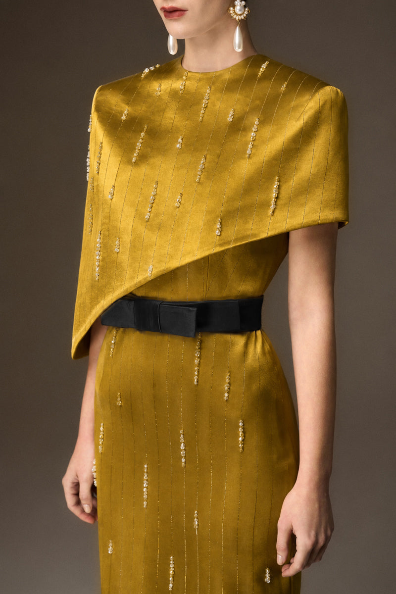 Round Neck Column Gown With Asymmetric Cape In Gold Metallic Striped Silk
