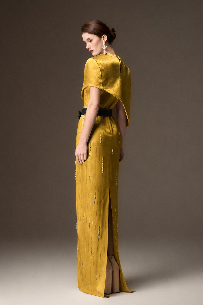 Round Neck Column Gown With Asymmetric Cape In Gold Metallic Striped Silk