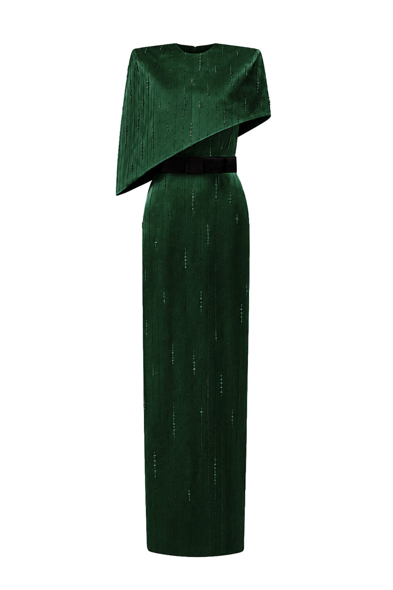 Round Neck Column Gown With Asymmetric Cape In Dark Green Metallic Striped Silk