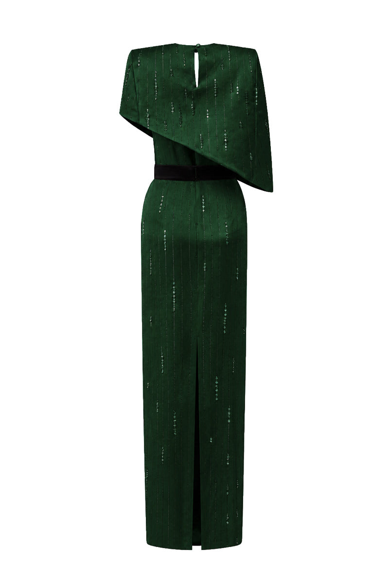 Round Neck Column Gown With Asymmetric Cape In Dark Green Metallic Striped Silk