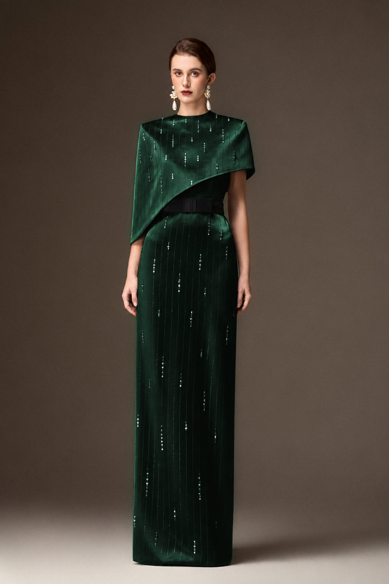 Round Neck Column Gown With Asymmetric Cape In Dark Green Metallic Striped Silk