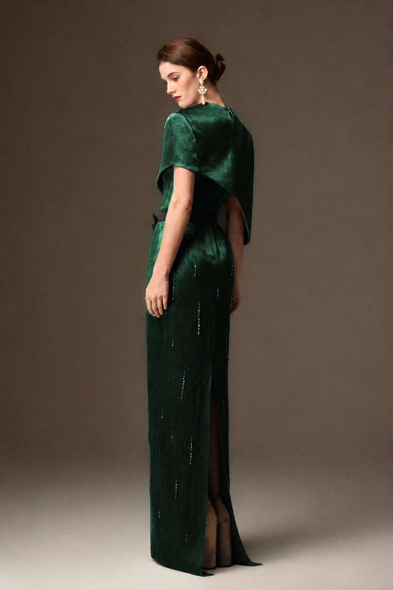 Round Neck Column Gown With Asymmetric Cape In Dark Green Metallic Striped Silk