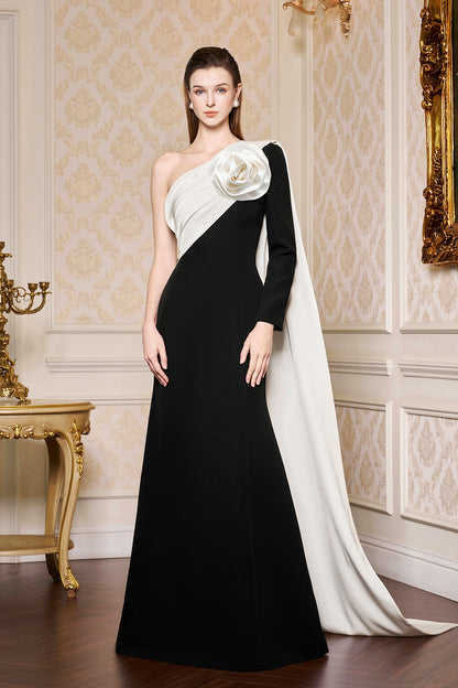 Asymetrical Shoulder Scuba Gown With Draped Rose Agate Silk