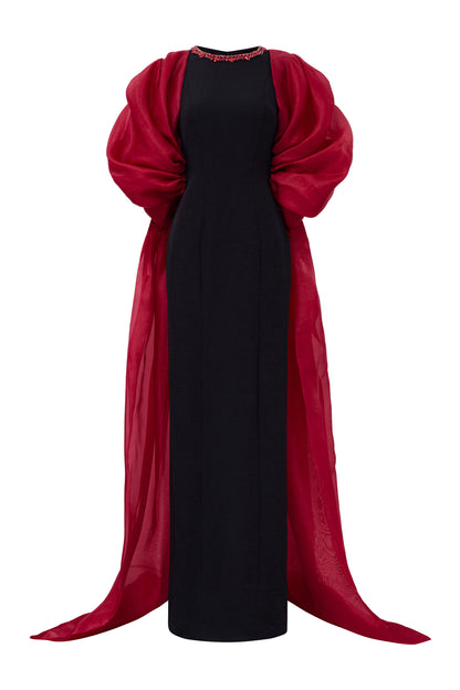 Round Neckline Scuba Gown With Draped Sleeves Organza