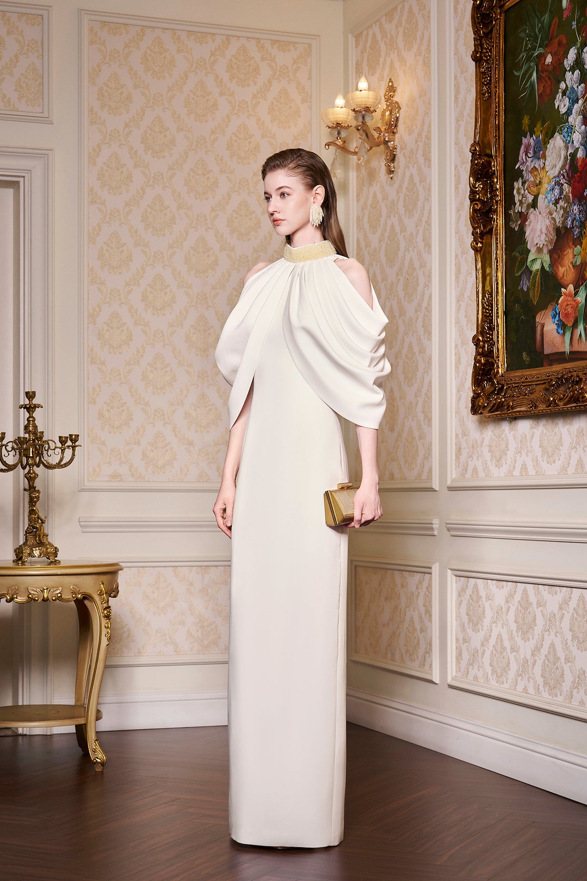 Bottle Neckline Draped Shoulder Agate Silk Gown