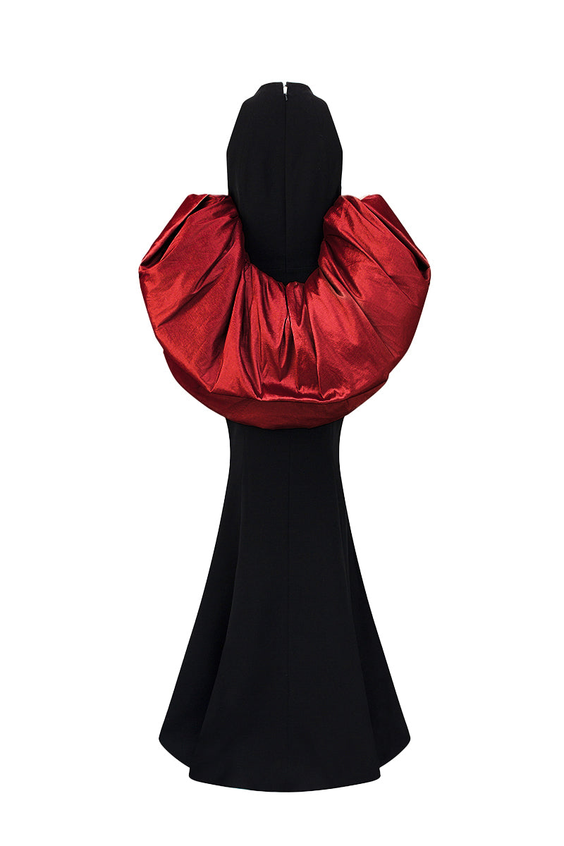 Round Neck Mermaid Gown With Draped Back Train In Black Crepe And Dark Red Taffeta