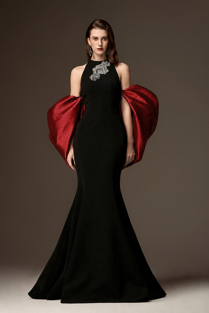 Round Neck Mermaid Gown With Draped Back Train In Black Crepe And Dark Red Taffeta