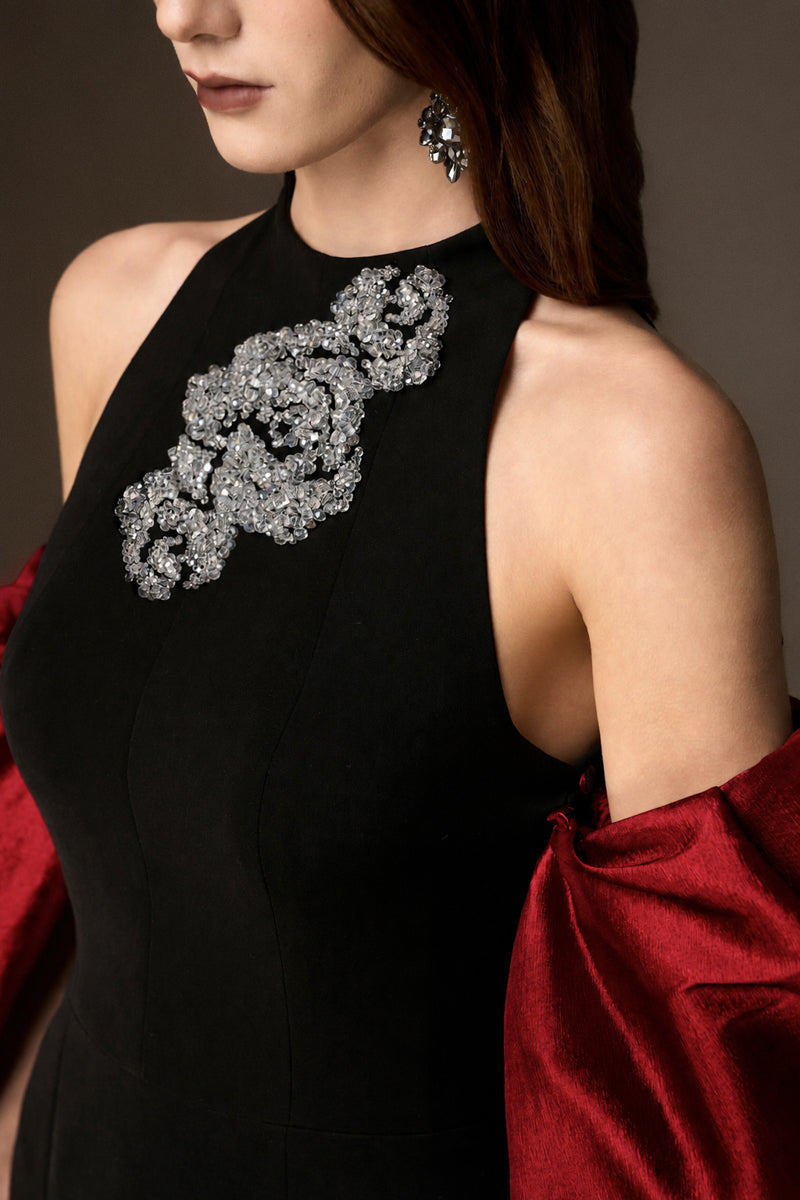 Round Neck Mermaid Gown With Draped Back Train In Black Crepe And Dark Red Taffeta