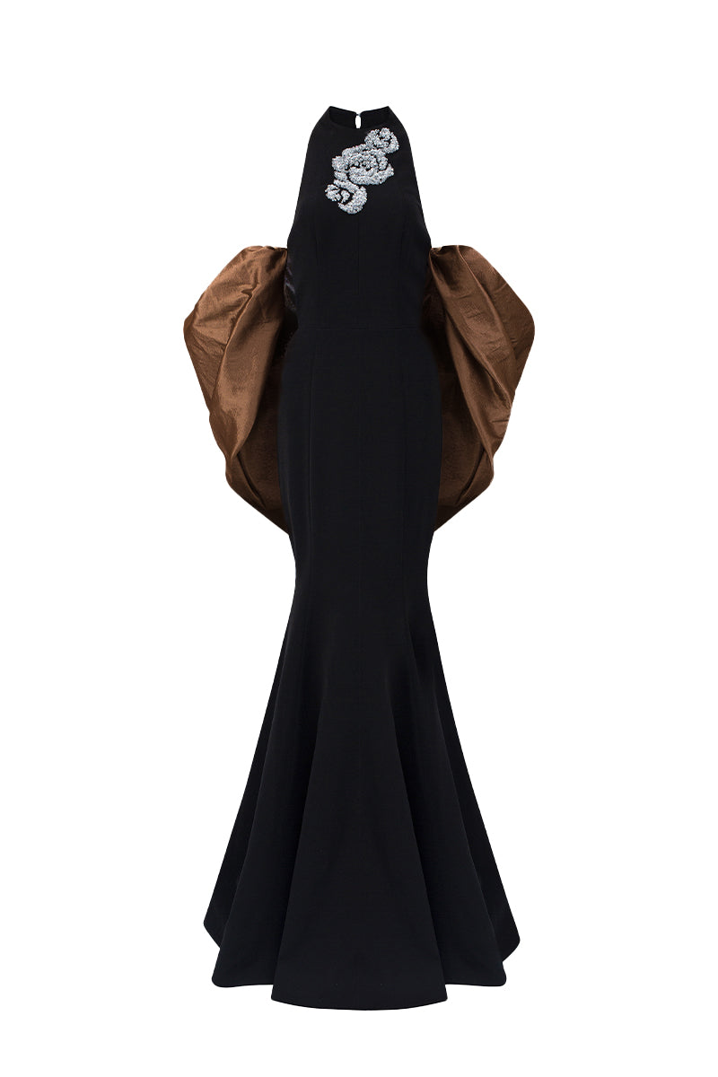 Round Neck Mermaid Gown With Draped Back Train In Black Crepe And Brown Taffeta
