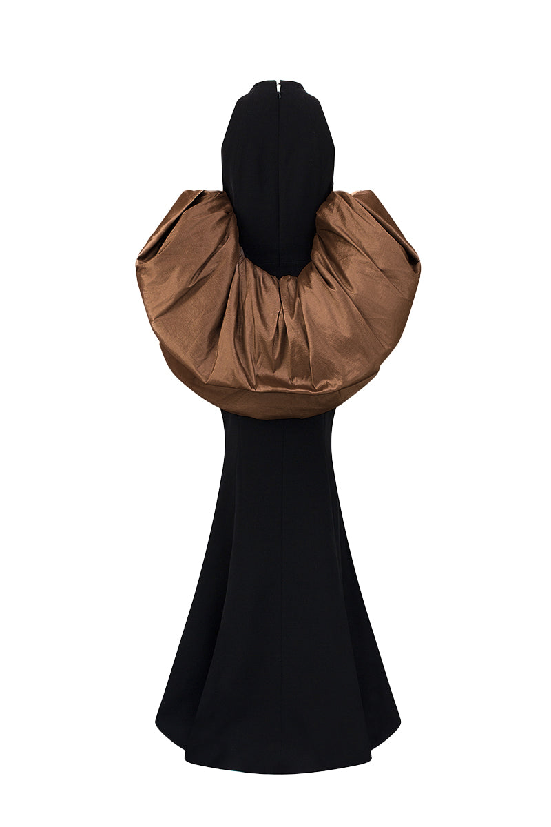 Round Neck Mermaid Gown With Draped Back Train In Black Crepe And Brown Taffeta