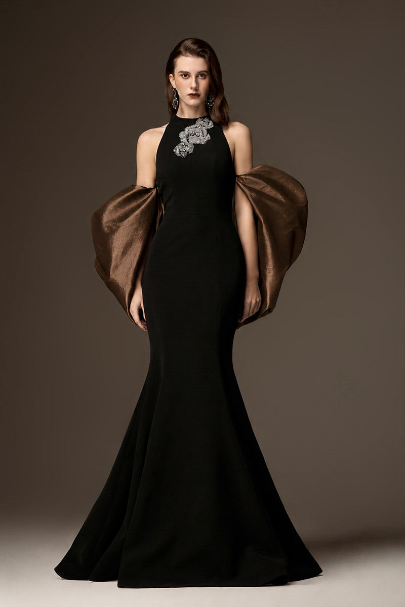 Round Neck Mermaid Gown With Draped Back Train In Black Crepe And Brown Taffeta