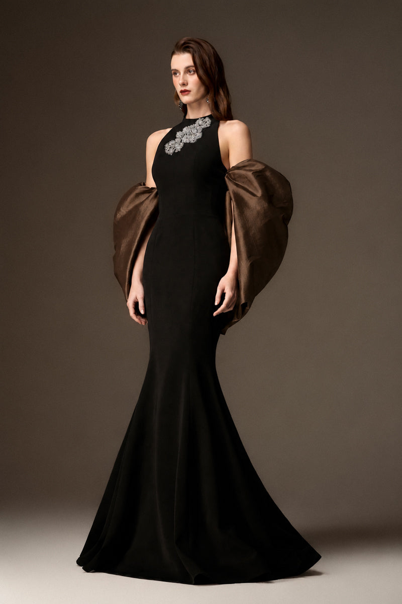 Round Neck Mermaid Gown With Draped Back Train In Black Crepe And Brown Taffeta