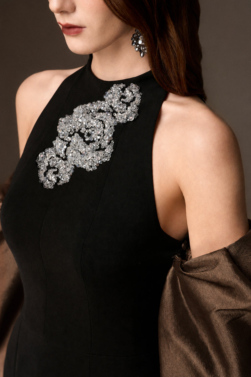 Round Neck Mermaid Gown With Draped Back Train In Black Crepe And Brown Taffeta