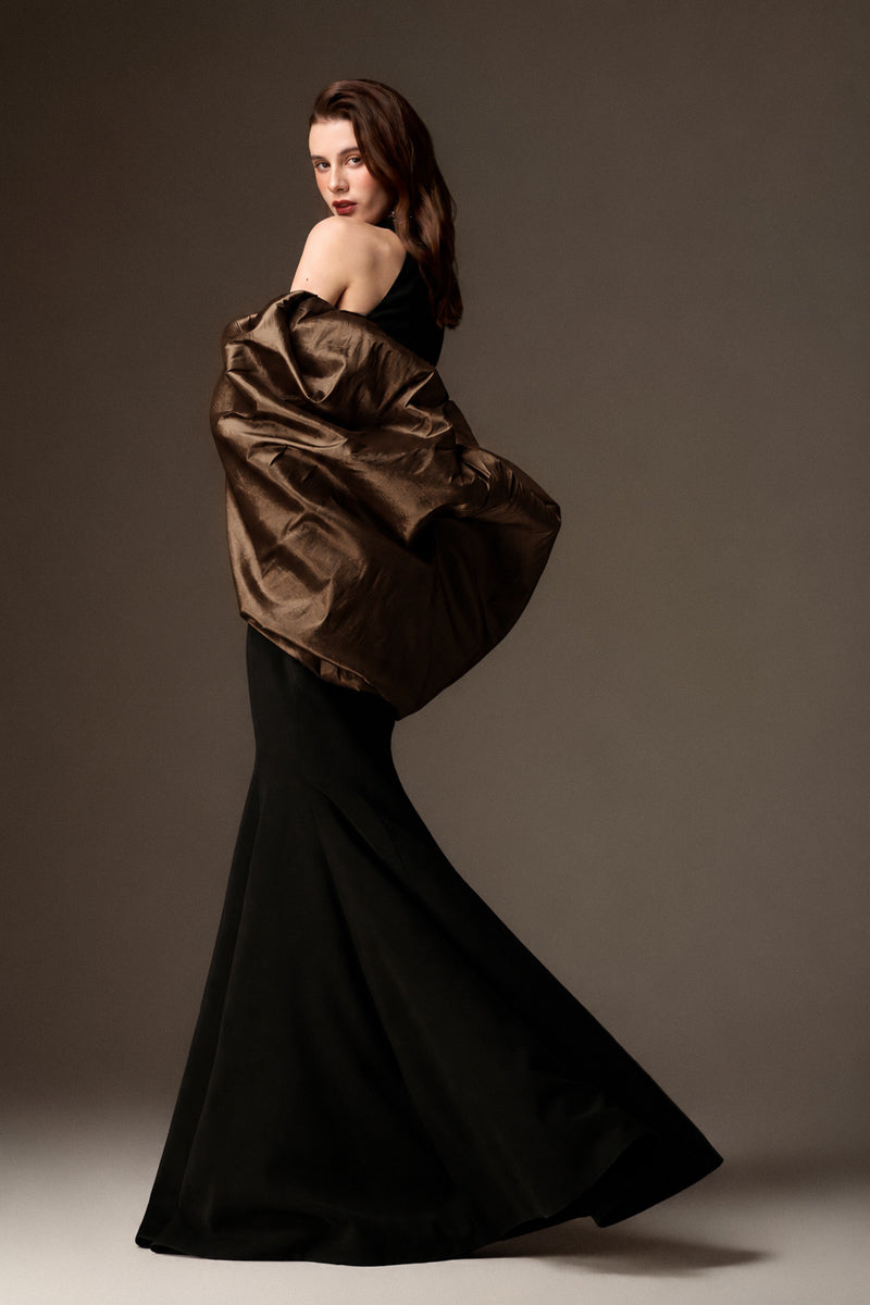Round Neck Mermaid Gown With Draped Back Train In Black Crepe And Brown Taffeta