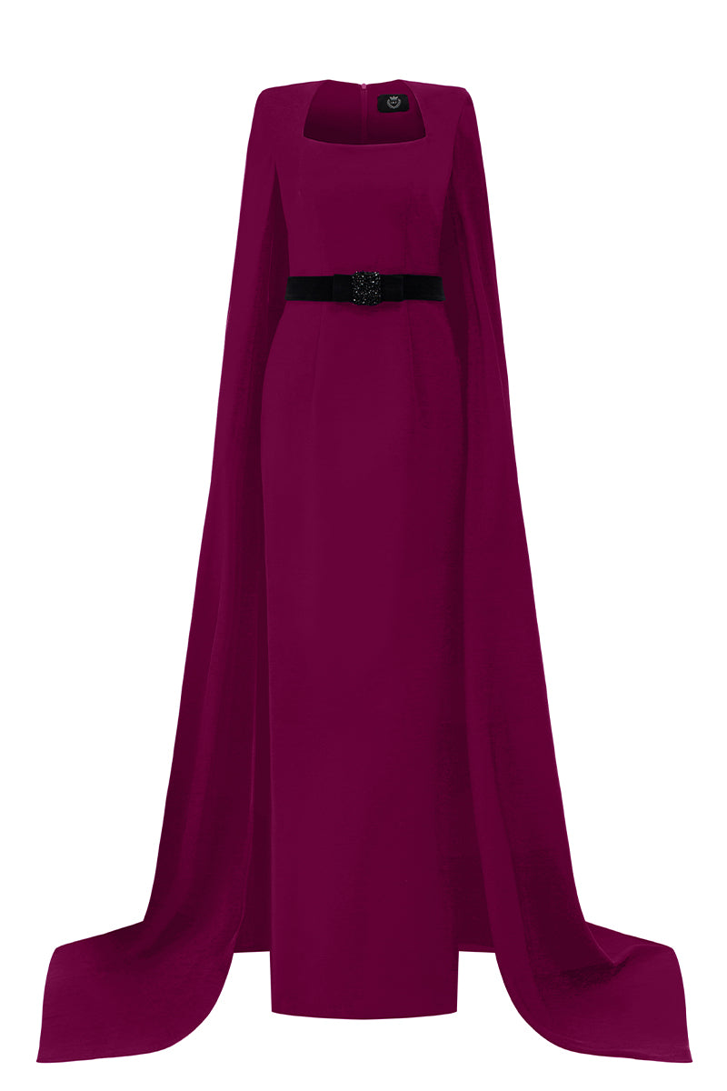 Trapeze Neck Column Gown With Long Cape Sleeves