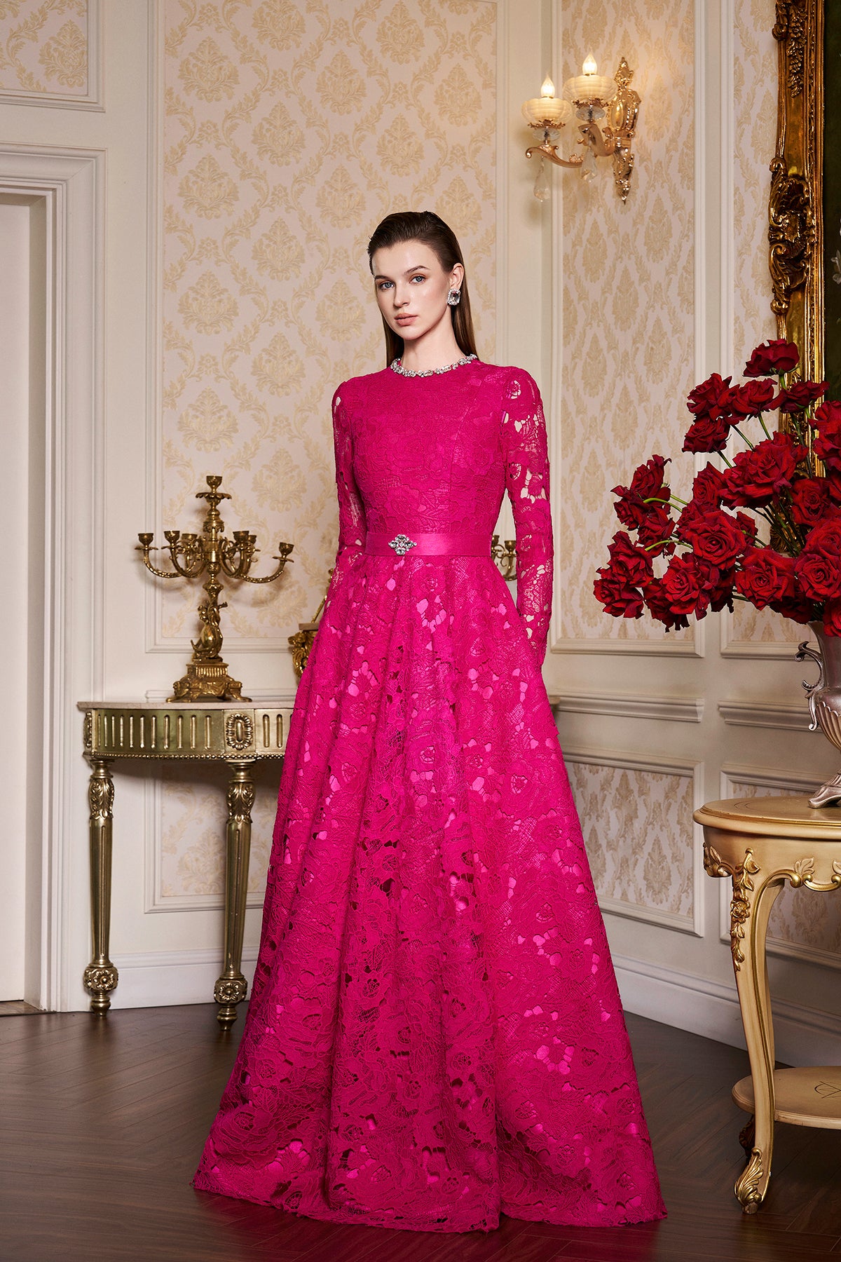 Round Neckline Semi-Circular Lace And Taffeta Gown