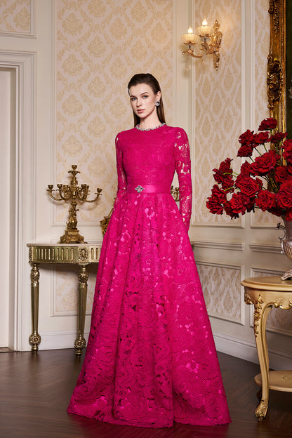 Round Neckline Semi-Circular Lace And Taffeta Gown