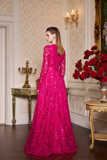 Round Neckline Semi-Circular Lace And Taffeta Gown