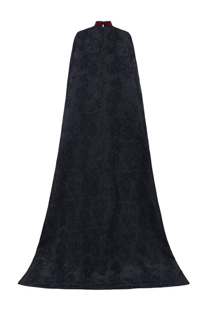 Round Neckline Sleeveless Agate Silk Gown with Rose Jacquard Long Cape