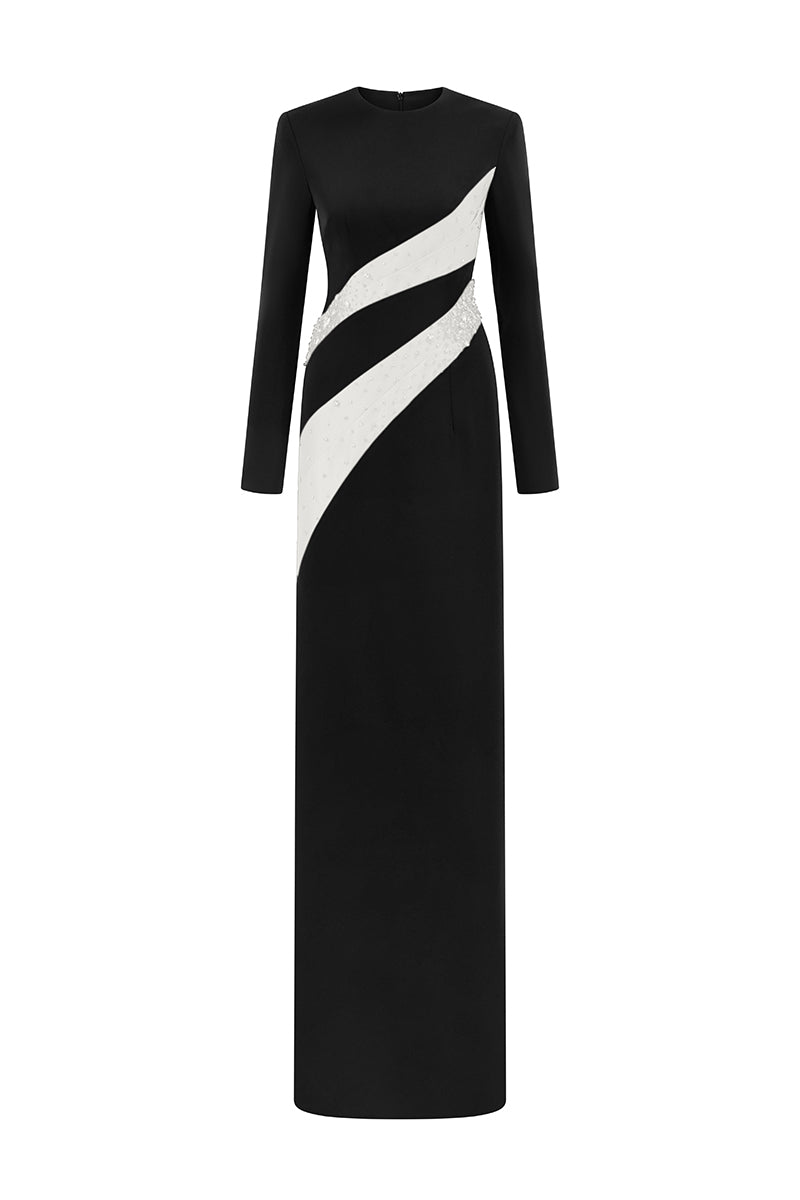 Round Neck Column Gown With Draped Lines Across Bodice