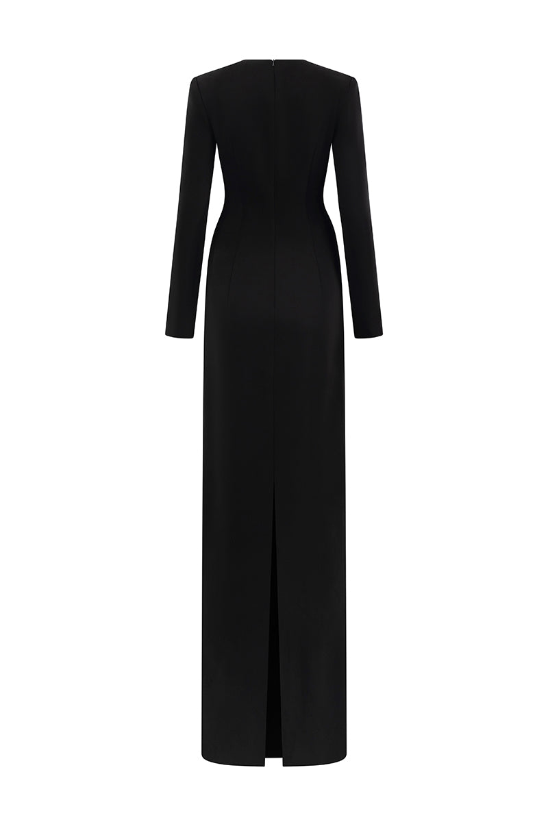Round Neck Column Gown With Draped Lines Across Bodice