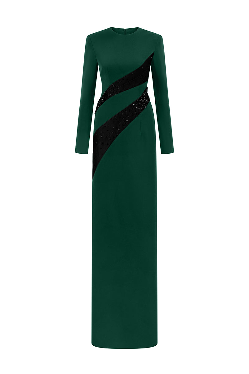 Round Neck Column Gown With Draped Lines Across Bodice