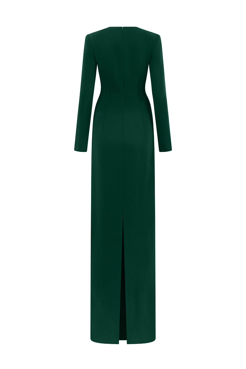 Round Neck Column Gown With Draped Lines Across Bodice