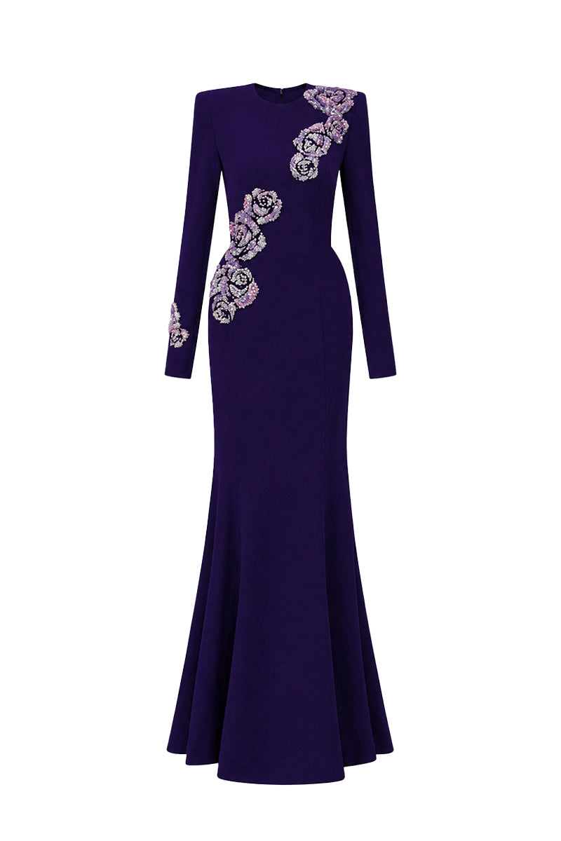 Round Neck Mermaid Gown With Rose-Shaped Crystal Embellishment In Dark Purple Crepe