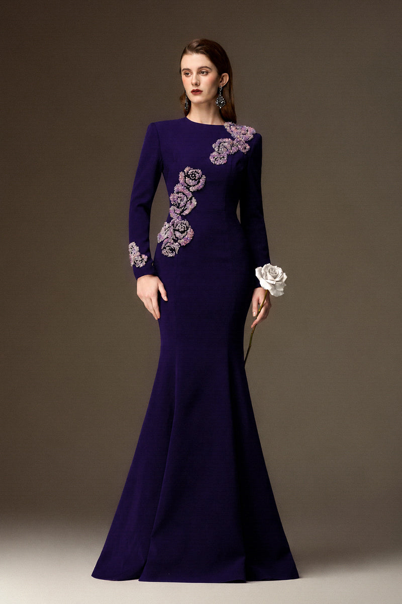 Round Neck Mermaid Gown With Rose-Shaped Crystal Embellishment In Dark Purple Crepe