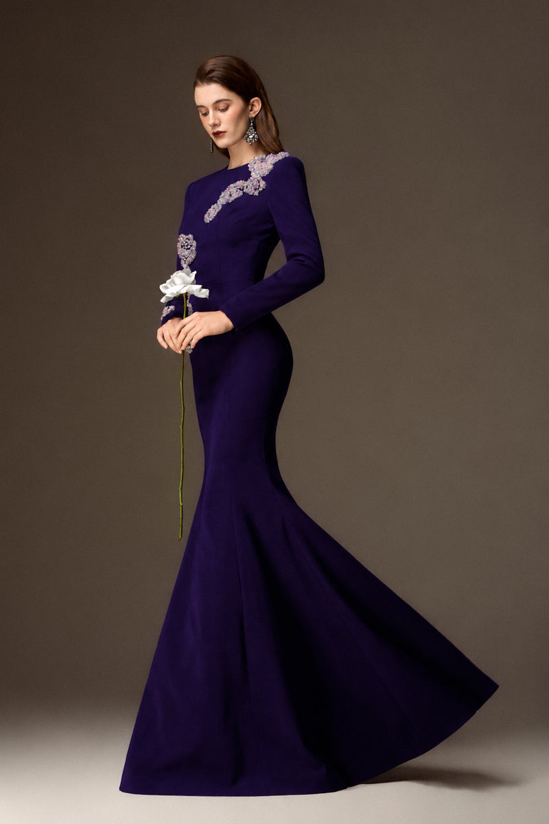 Round Neck Mermaid Gown With Rose-Shaped Crystal Embellishment In Dark Purple Crepe
